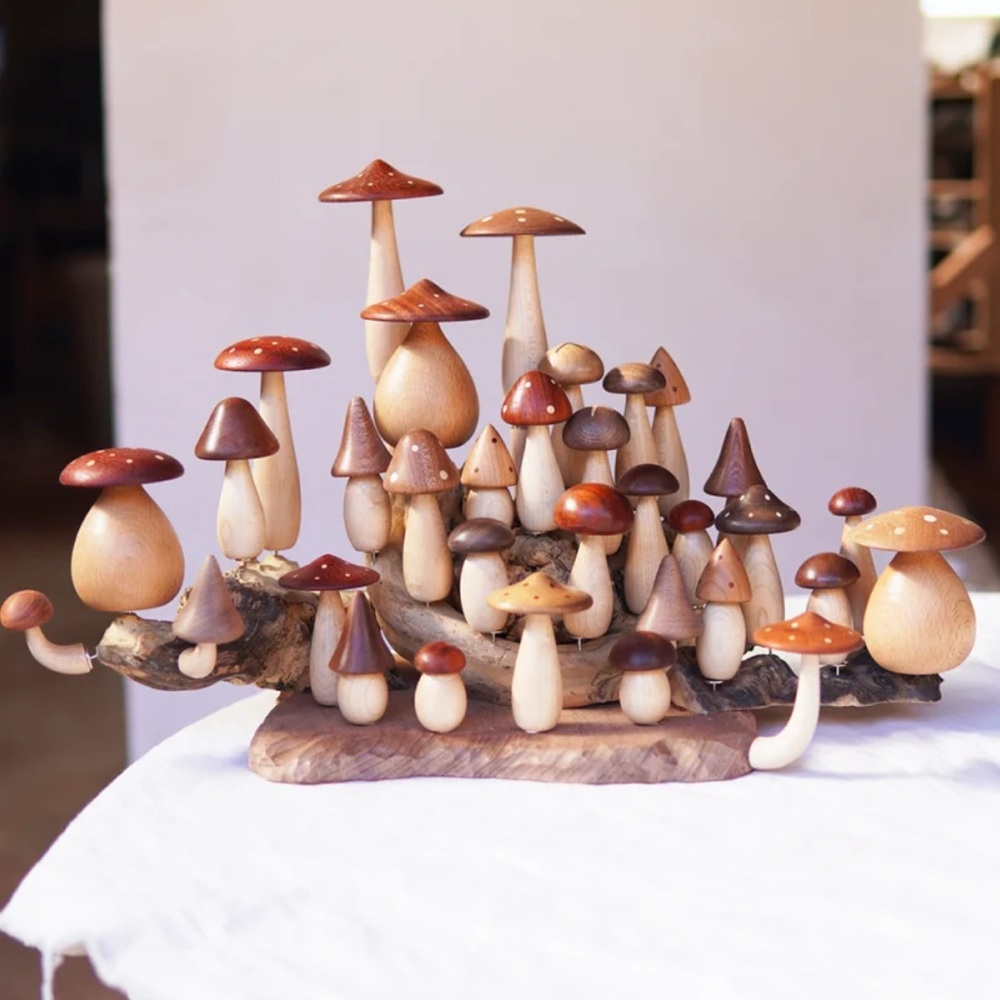 Handcrafted Wooden Mushroom Art Sculpture